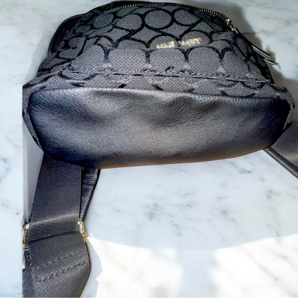 Chic & Compact: Nine West Taren Mini backpack Black logo canvas & leather - Picture 7 of 11